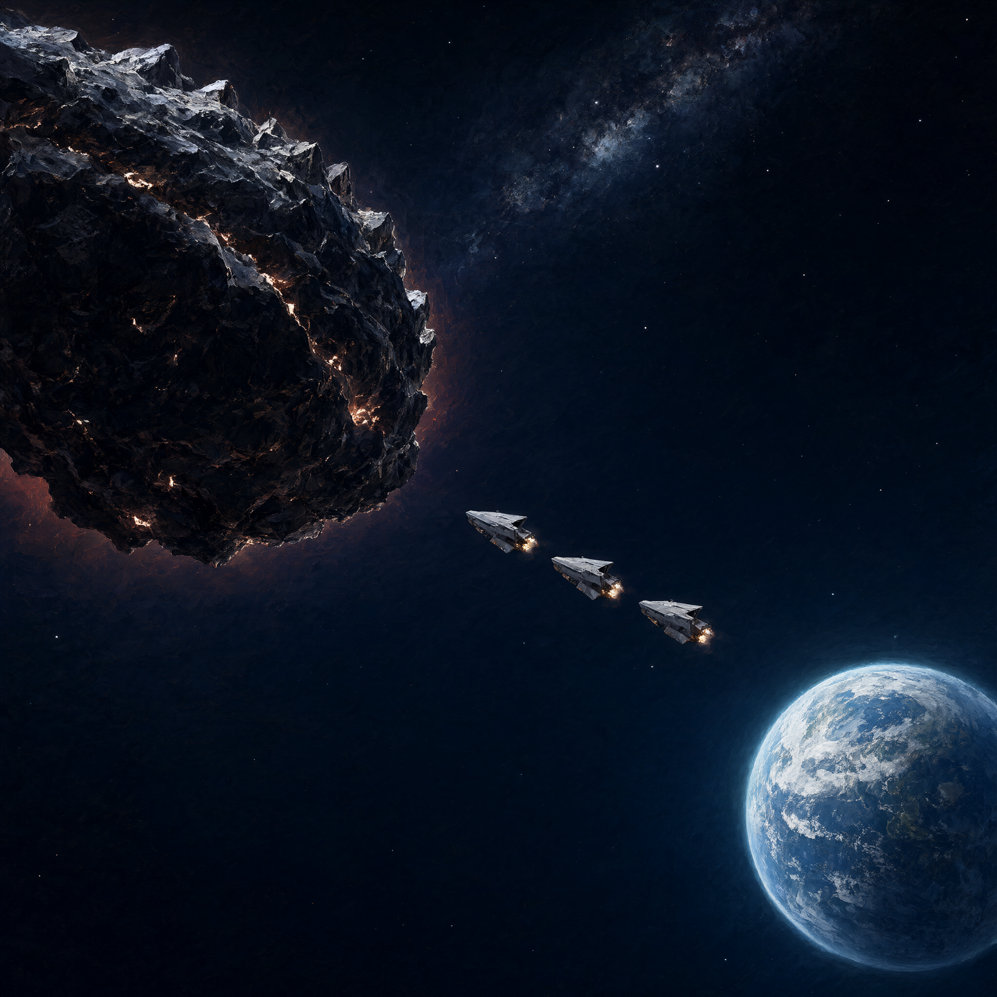 A vast asteroid bearing down on Earth with three small ships between them