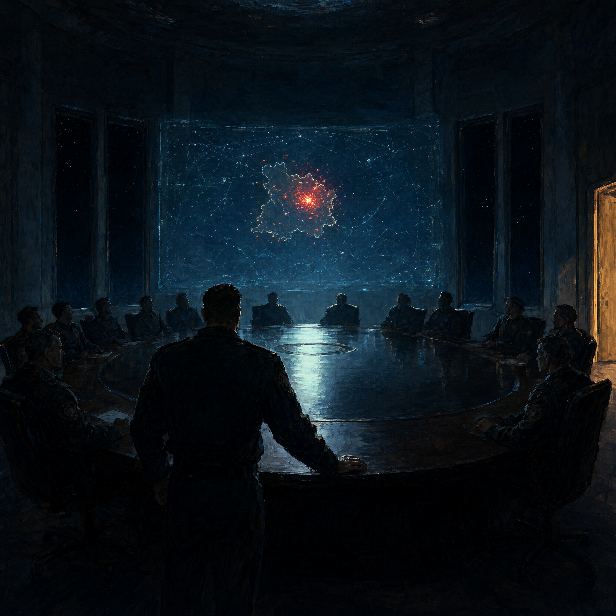 A dark war room, silhouetted figures around a table beneath a red-amber holographic star chart