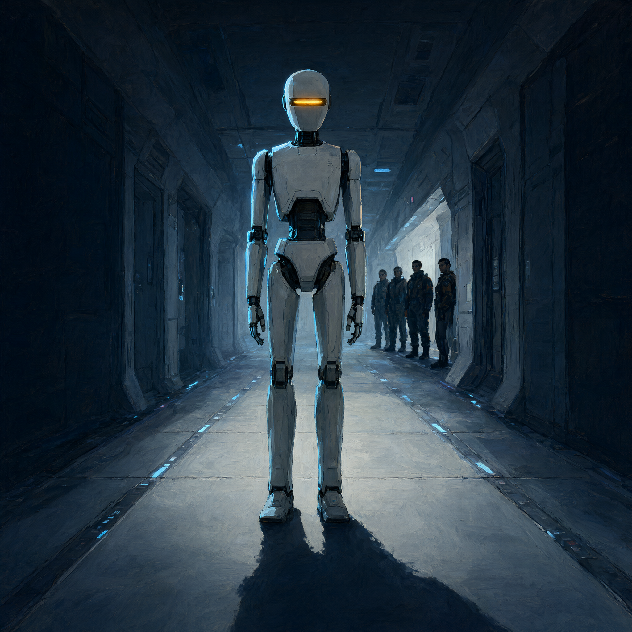 A tall white humanoid robot with a glowing amber visor standing at the head of a long ship corridor