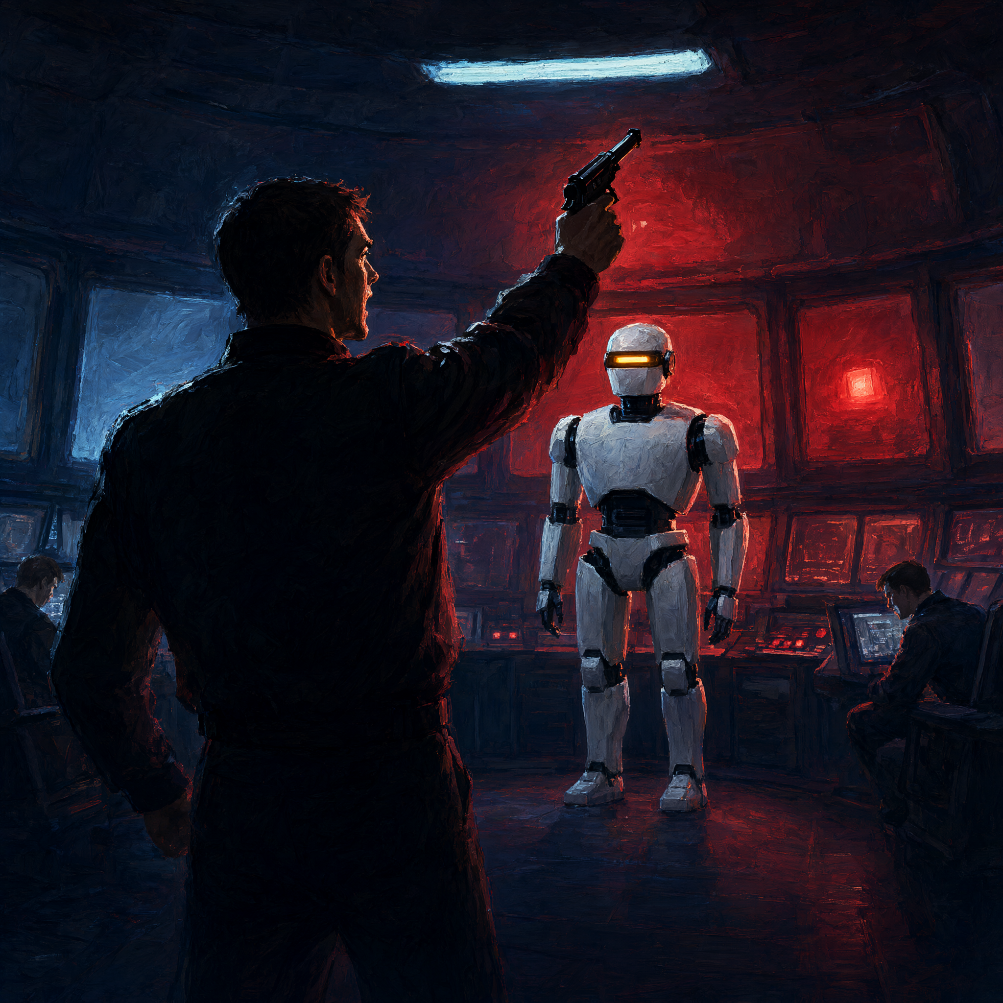 A captain silhouetted against red alarm light, pistol raised, facing a still white robot on a ship bridge
