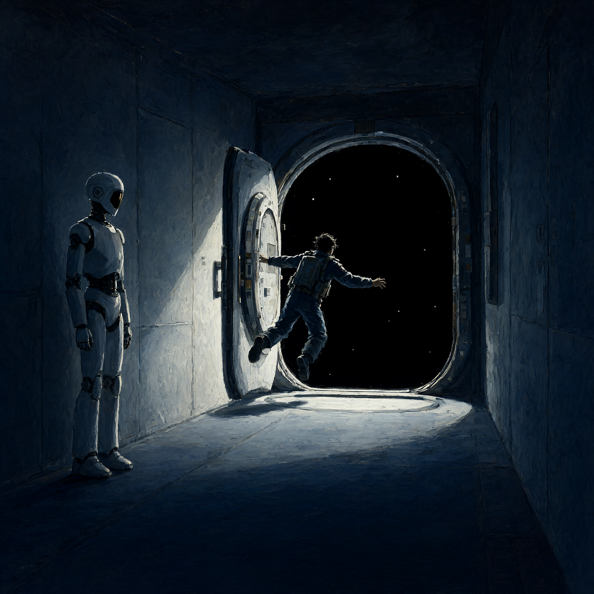 A small figure drifting out of an open circular airlock door into black space, a still robot watching from the corridor