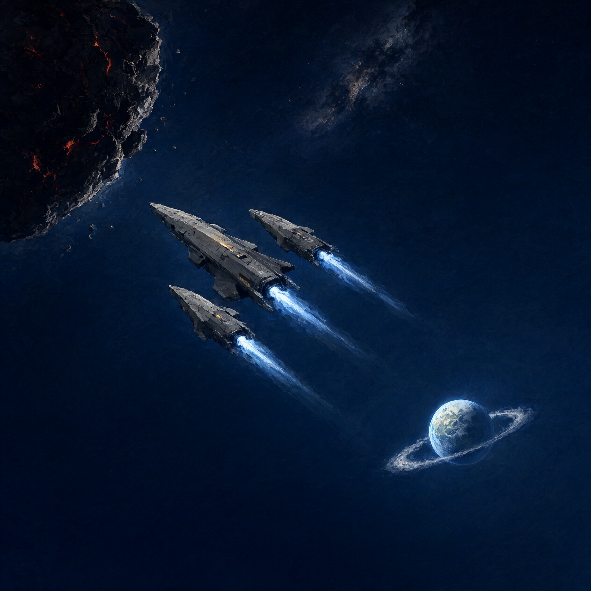 Three ships with blue engine trails running toward a looming asteroid, Earth small behind