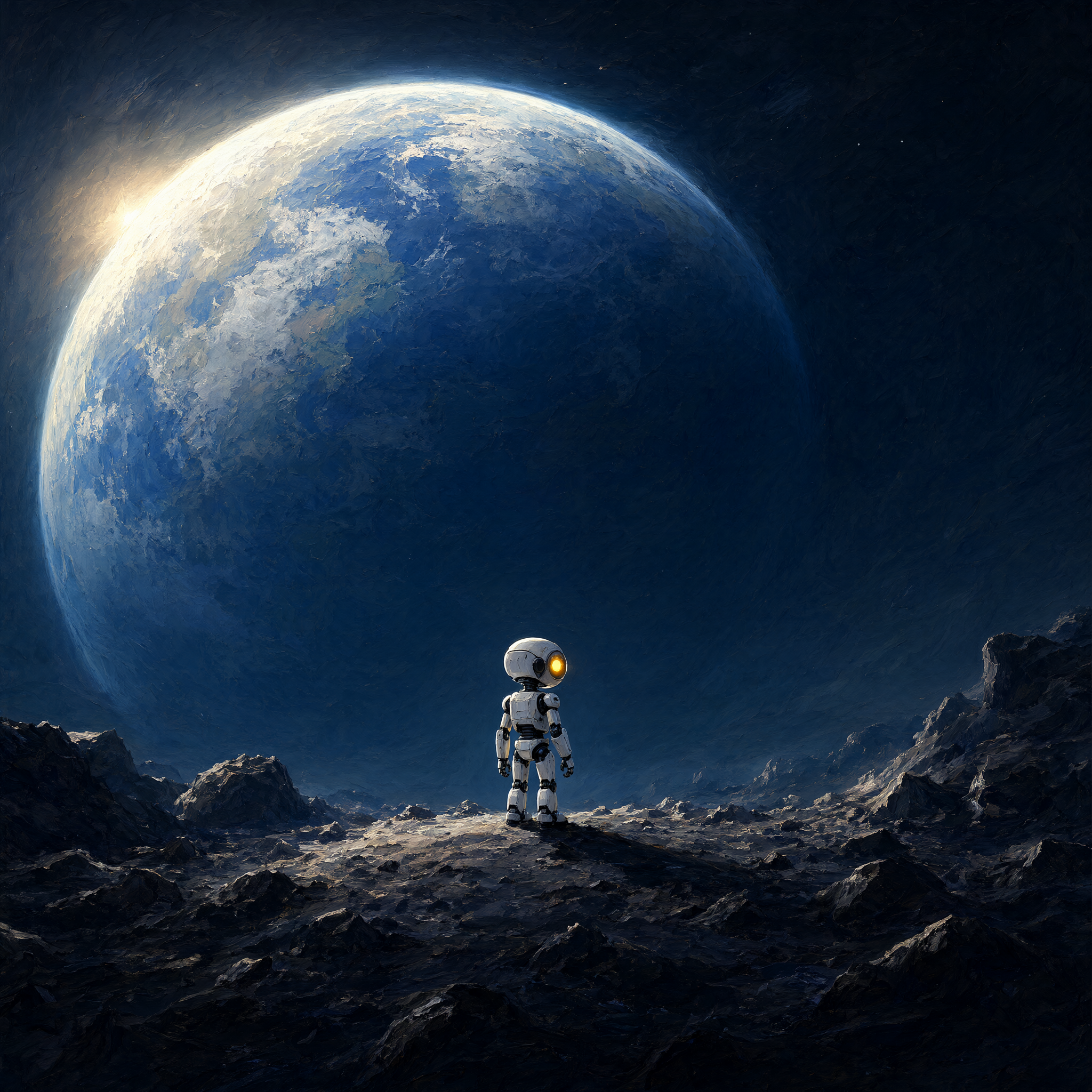 An asteroid shattered into drifting fragments around a fading amber glow, with a calm Earth far below