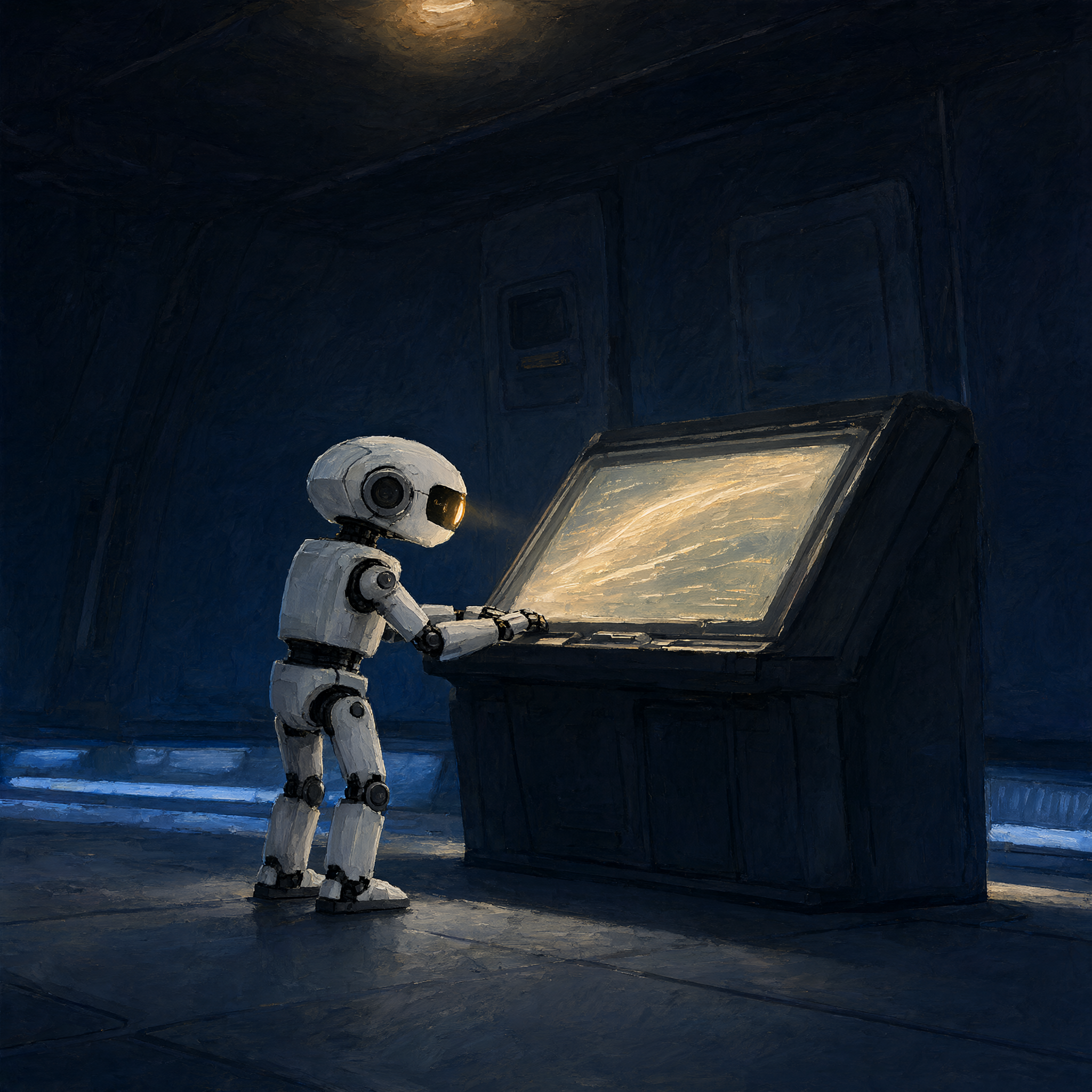 A still white robot in a long empty corridor, a captain's cap on the deck near its feet, light low